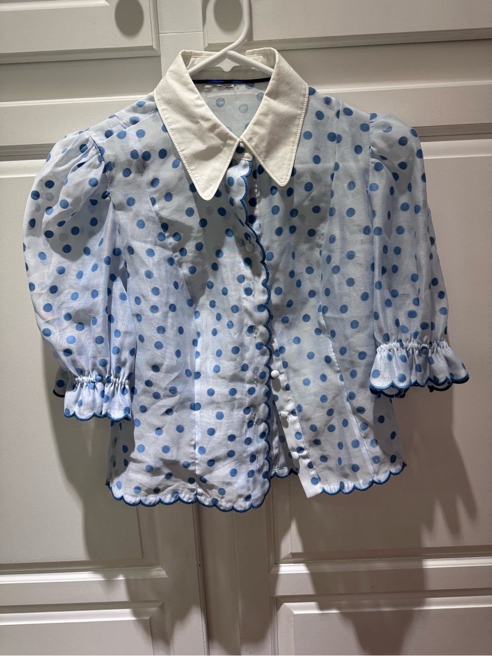 Anthropologie Sheer White Collared Polka Dot Button-Down Blouse - Blue and White